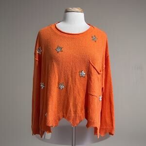 PEACH LOVE CALIFORNIA Women's Small Orange Star Print Novelty Thrashed Sweater